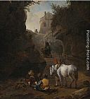 Famous Playing Paintings - Peasants Playing Cards by a White Horse in a Rocky Gully